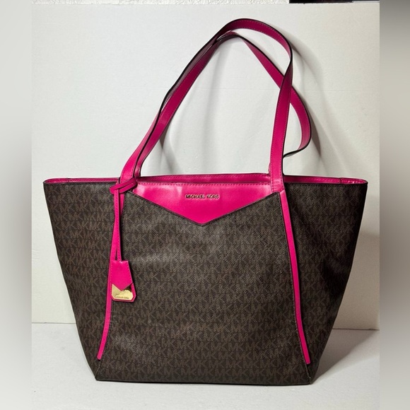 Michael Kors Collection Coated Canvas Shoulder Tote Bag Brown/Pink - Picture 1 of 13